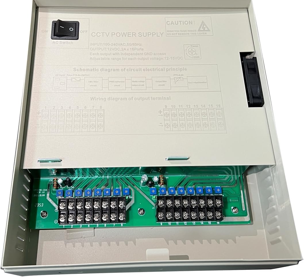 4K CCTV Power Supply 16 Channel Adjustable DC11V ~DC15V 32 Amp Output Reset Fuse with Anti-Ripple and Anti-EMI Interference Circuit Designed for 4K IP/CCTV Security Cameras System