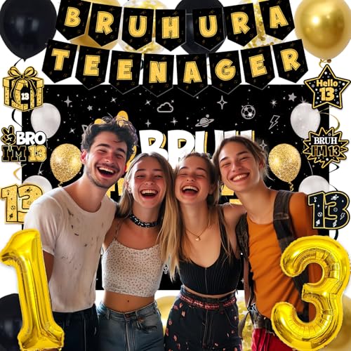 Image of 13th Birthday Decorations for Boys Girls, Black Gold Bruh Ur A Teenager Birthday Party Decorations, Bruh I'm 13 Backdrop, Foil Balloons 13, Banner, Balloons, Hanging Swirls, Birthday Card Set 45pcs