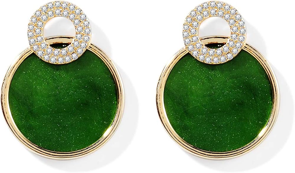 Pendientes redondos románticos color verde oscuro redondo gota de oído jaspe esmalte cuarzo circón chapado en oro de 14 quilates gota de oreja para