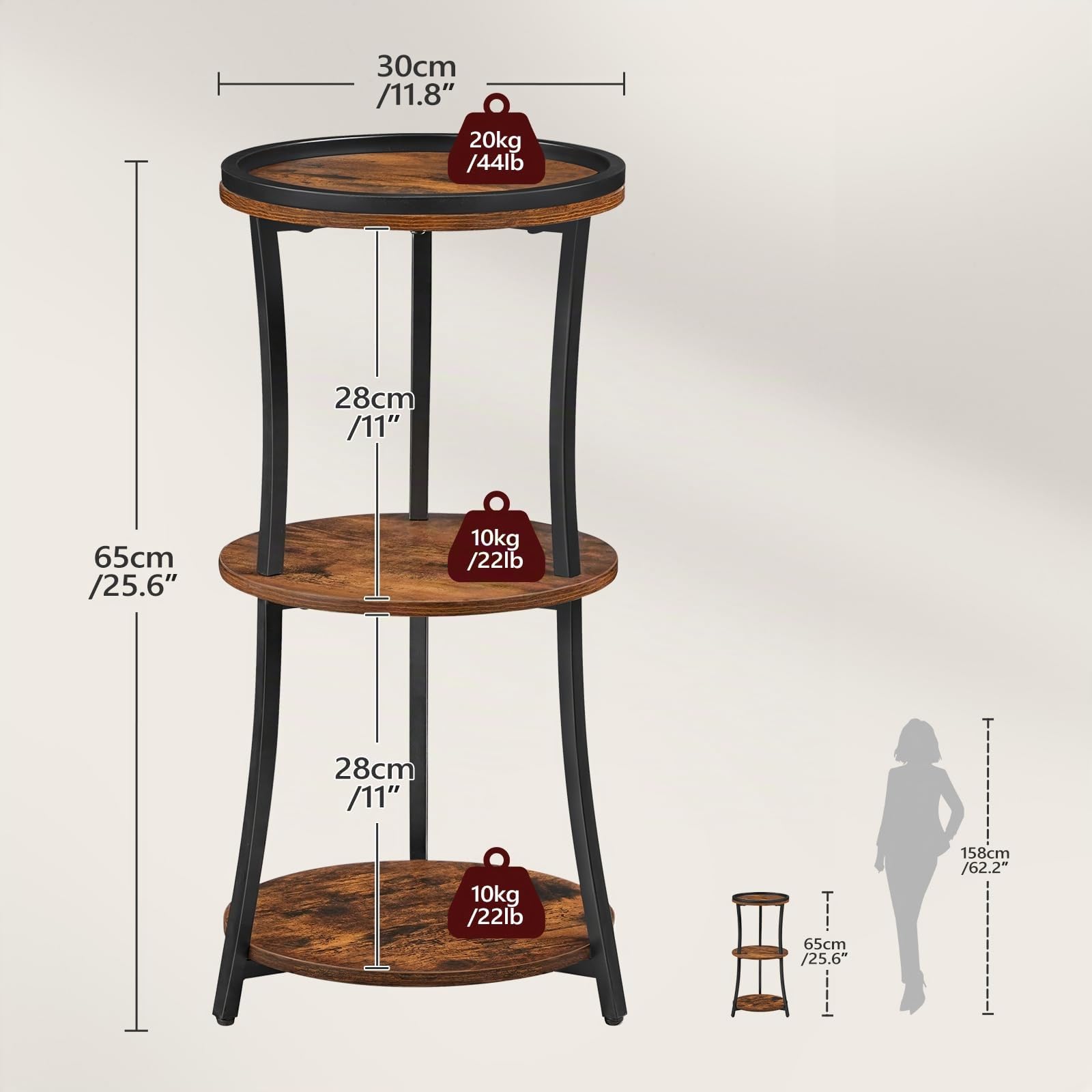 MAHANCRIS Table d’Appoint Ronde avec Bord Légèrement Surélevé, Table de Chevet à 3 Niveaux avec Rangement, Table de Style Industriel, pour Salon, Chambre, Marron Rustique et Noir AETHR3201