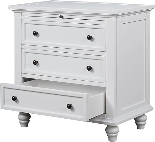 Miniatura 8 de KLMM Moderna mesita de noche de 3 cajones para dormitorio, mesa auxiliar con bandeja extraíble, mesa auxiliar de madera para dormitorio, pasillo,