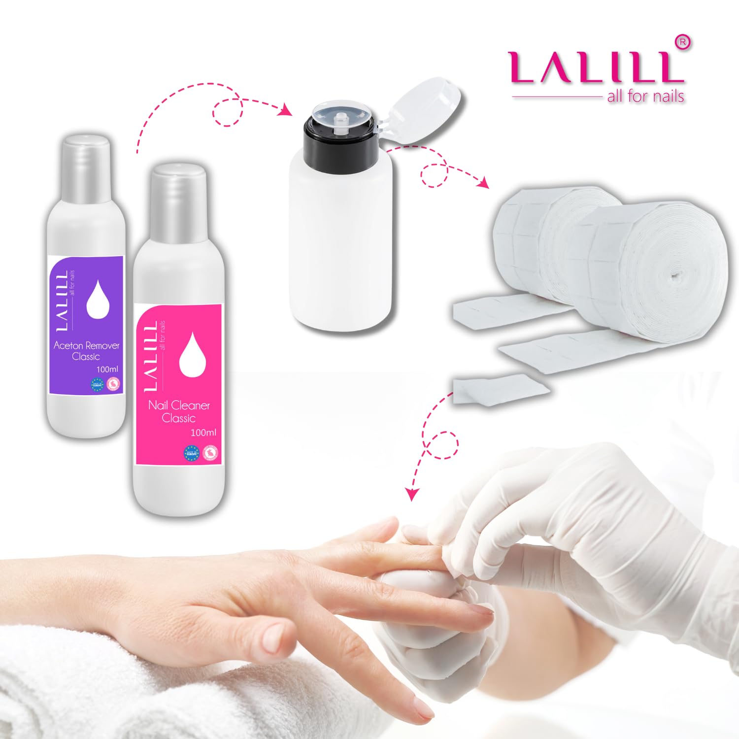 LALILL Zestaw do czyszczenia paznokci 100 ml + acetonowy zmywacz do paznokci 100 ml – odtłuszczacz do paznokci, zmywacz do paznokci, żelów, hybryd, do czyszczenia paznokci żelowych