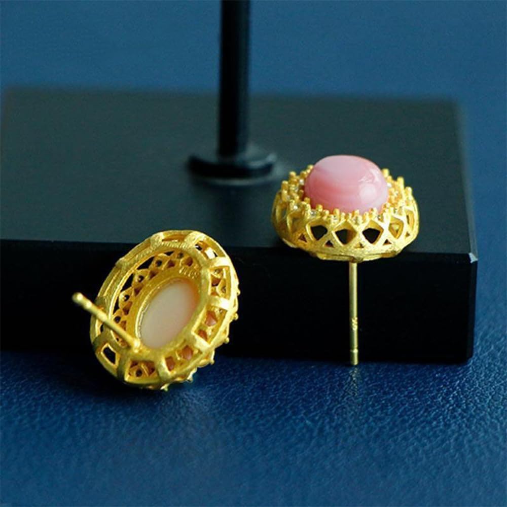 S925 Silver Gold-Plated Natural Pink Peach Blossom Jade Oval Egg Earrings for Women Yoga Genuine