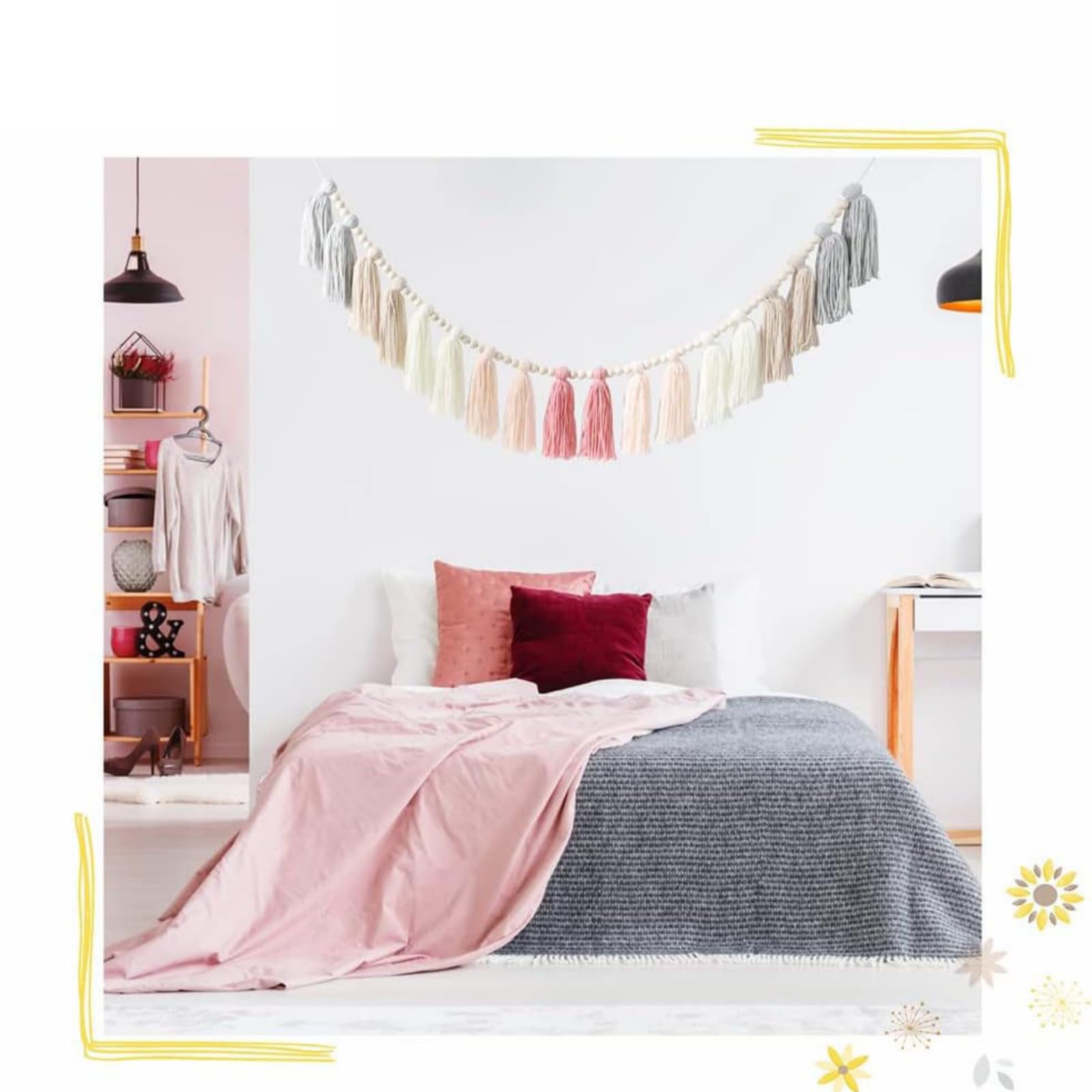 Handgemachte Regenbogen Wanddeko Wandteppich mit Holz Perlen und Quaste Girlande, Fallen Pastellfarbenes Quastenbanner Perle Quaste für Party, Klassenzimmer, Kinderzimmer, Schlafzimmer (4 pcs,rosa)