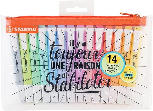 STABILO Swing Cool Pastel Highlighter Pens Pack of 14 with 14 Different Colours