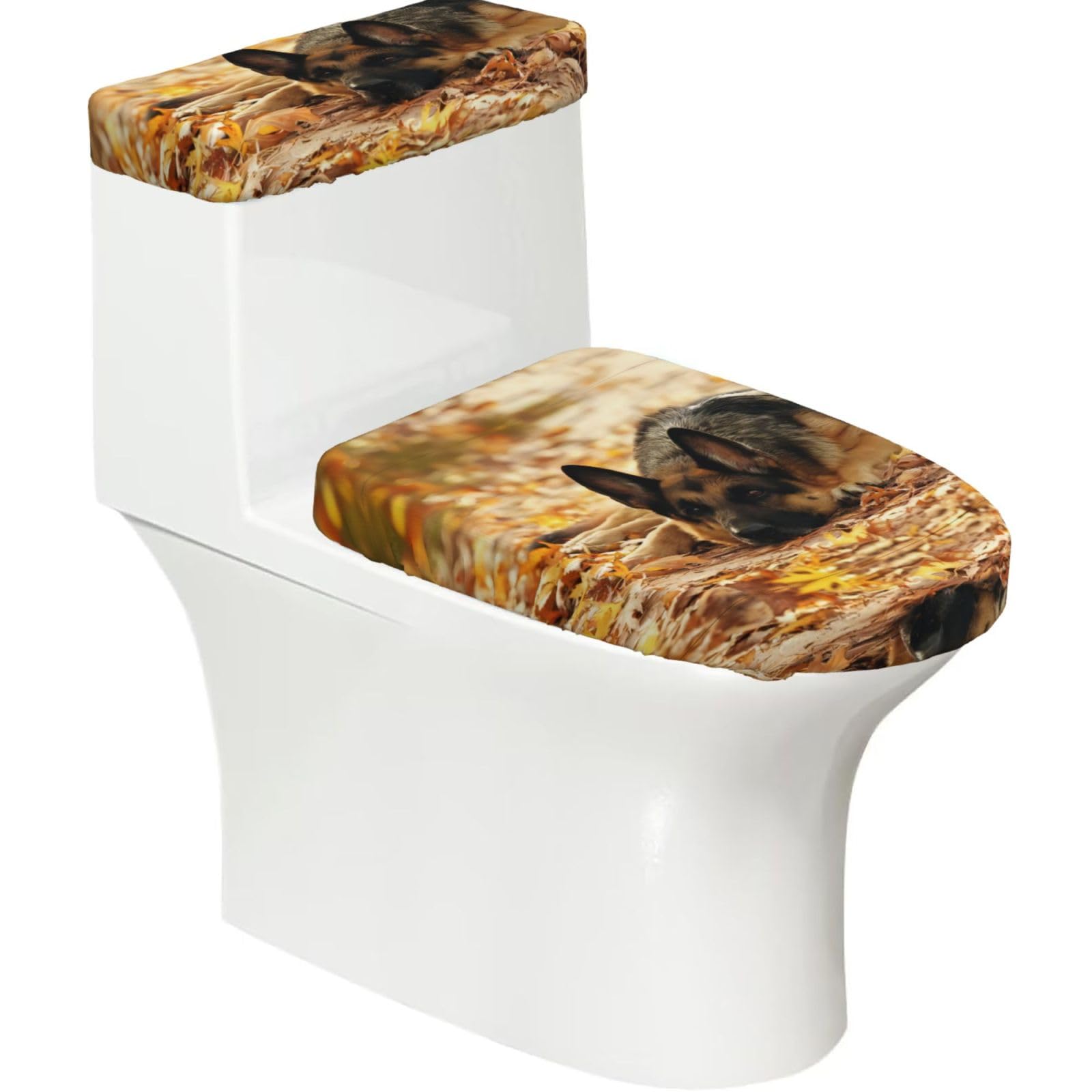 Wzycwb Black German Shepherd Dog 2-Piece Toilet Seat Cover Set With Tank Lid, Elastic Fit For U-Shape & Elongated Toilets, Bathroom Decor, Housewarming Gift