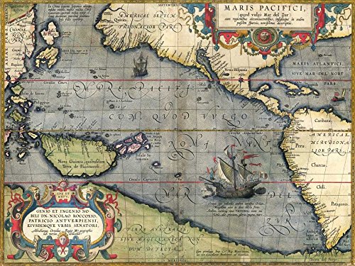 ART-CANVAS-stretched-on-WOODEN -BARS Mapa del Océano Pacífico, 1589 Ortelius Abraham - Mapas horizontales imágenes mapas planispheres mapa del mundo Mar Tierra océano Fino 22_X_29_in ✅