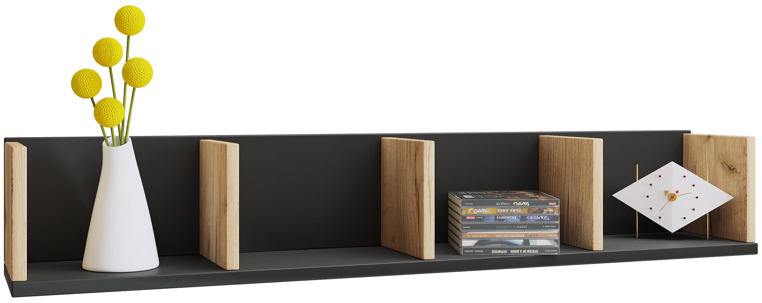 VCM Holzregal hängend – Wandregal, 4 Fächer, H 15 x B 97 x T 17 cm, Schwarz/Honig-Eiche