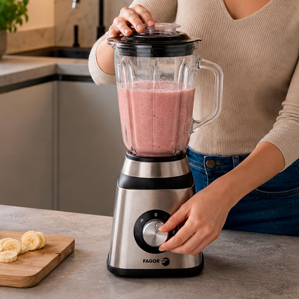 Batidora de Vaso 1,5L con Jarra de Cristal, Batidora Smoothies y Batidos, 2 Velocidades + Pulse, Cuchillas Acero Inoxidable, Blender para Fruta, Cremas y Salsas, Fácil Limpieza, FAGOR Coolmix One.