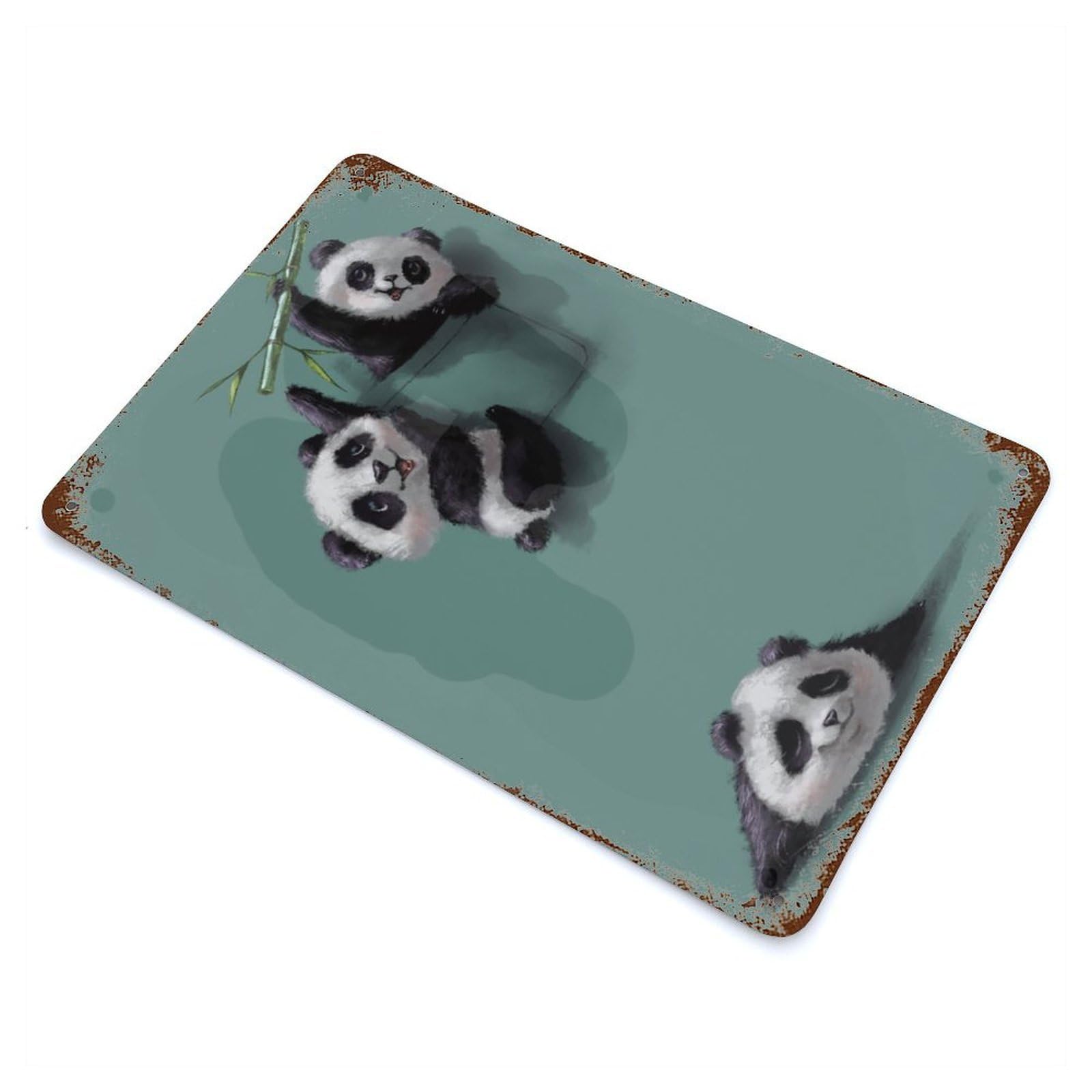 Cute Panda Playing Vintage Wall Sign 11.8"x7.9", Rust Effect Metal Decor for Living Room, Hallway And Home Decor