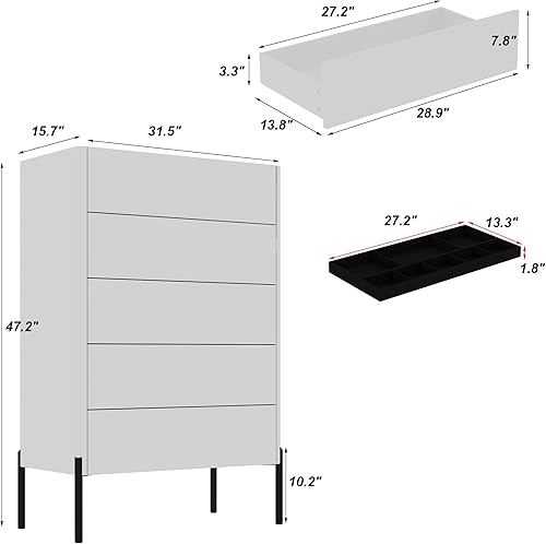 Miniatura 2 de ECACAD Cómoda de 5 cajones con parte superior de vidrio y organizador de cajones, cómoda de almacenamiento de madera moderna de 47.2 pulgadas de