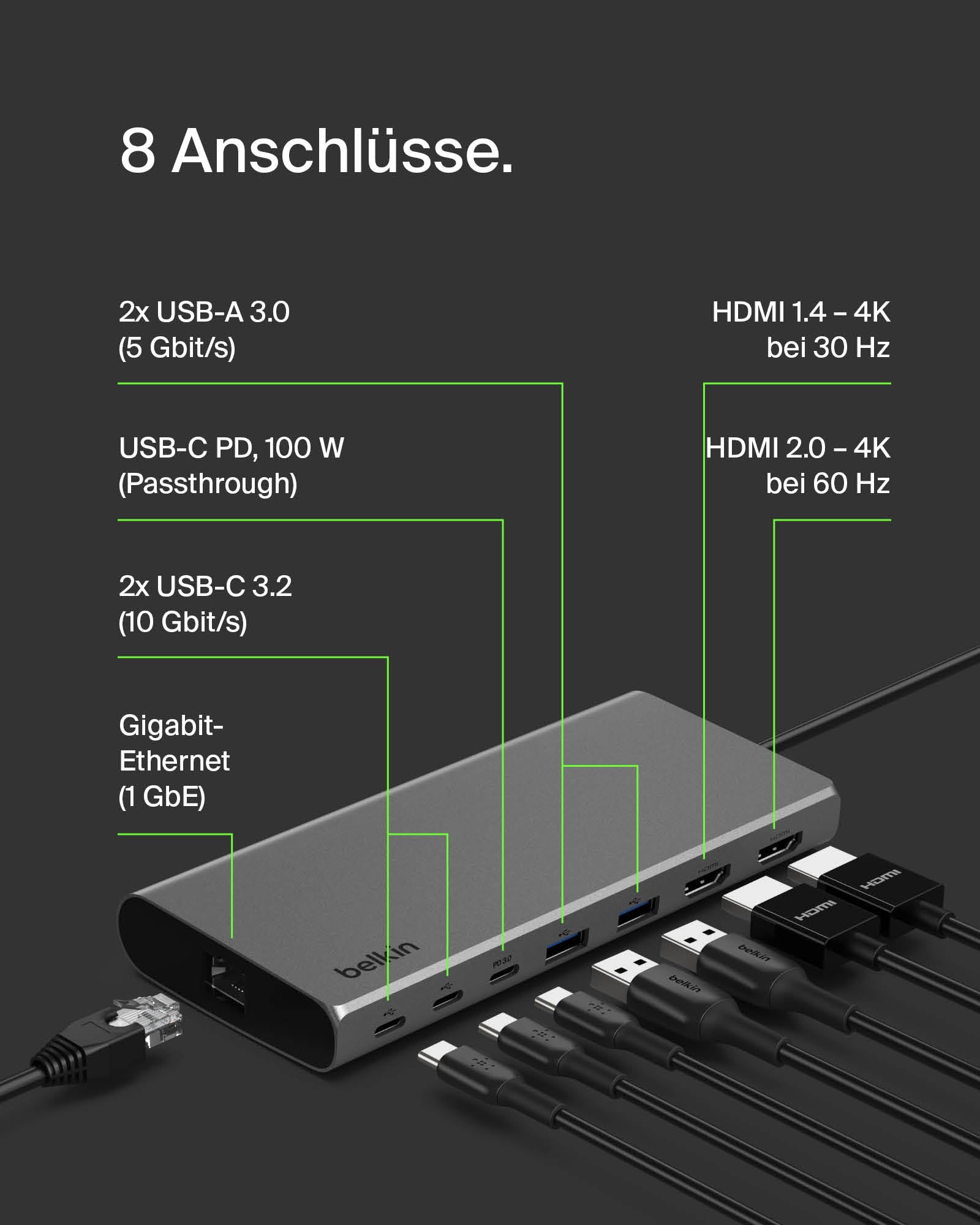Belkin Connect Universal USB-C-8-in-1-Core-Hub für 2 Monitore, Silicon Motion-Technologie; für Chromebook, Mac- + Windows-Laptops; 100 W PD; Datentransfer mit 10 Gbit/s; 2,5-Gbit/s Ethernet – Silber