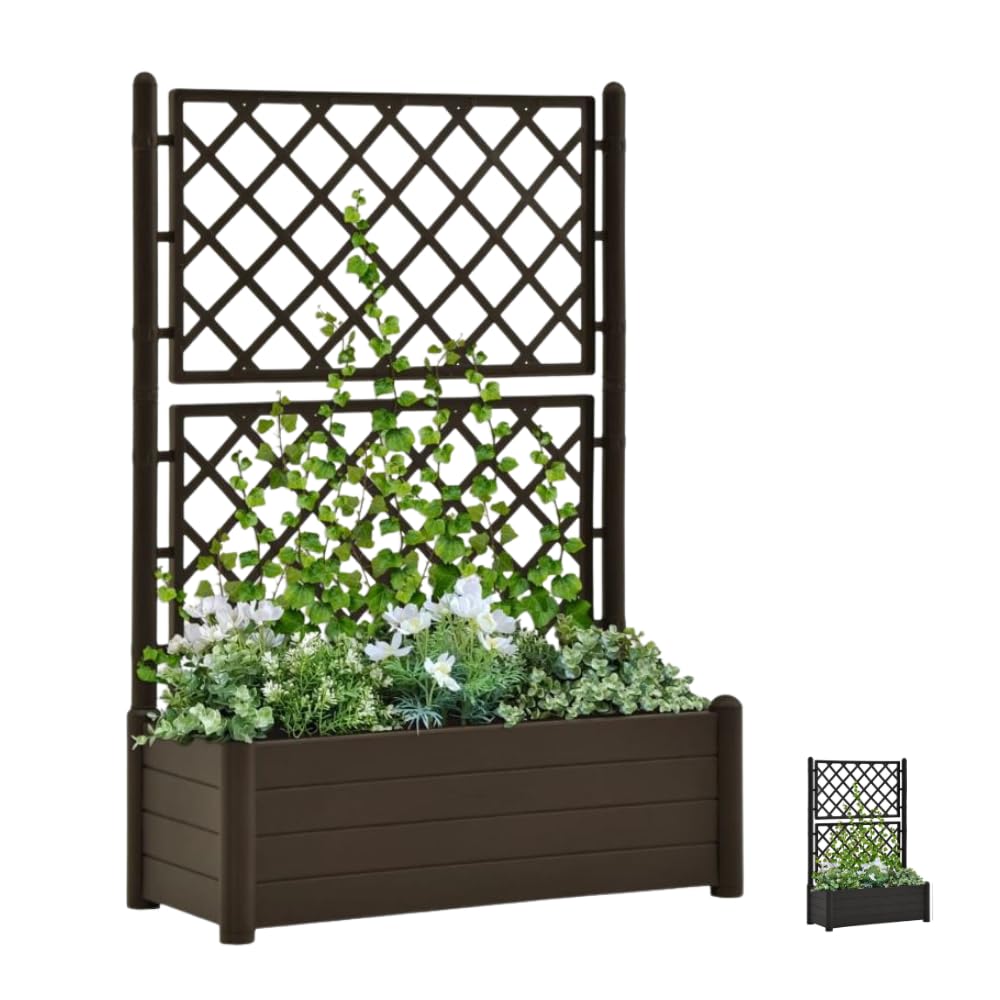 PALUPLUS Fioriera Rettangolare con Spalliera da Esterno, Misura 100x43x142 cm, Vaso in Plastica Resistente airaggi UV, Traliccio con Grigliato per Fiori e Rampicanti -036F (Marrone)