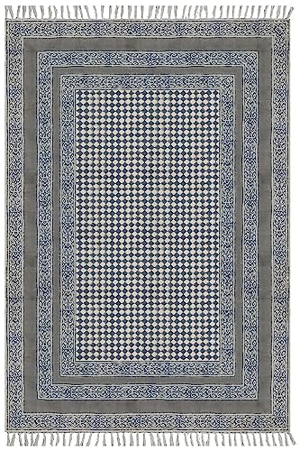Tapis indien imprimé coton géométrique gris beige pompons déco tapis lavable 1,5m - 2