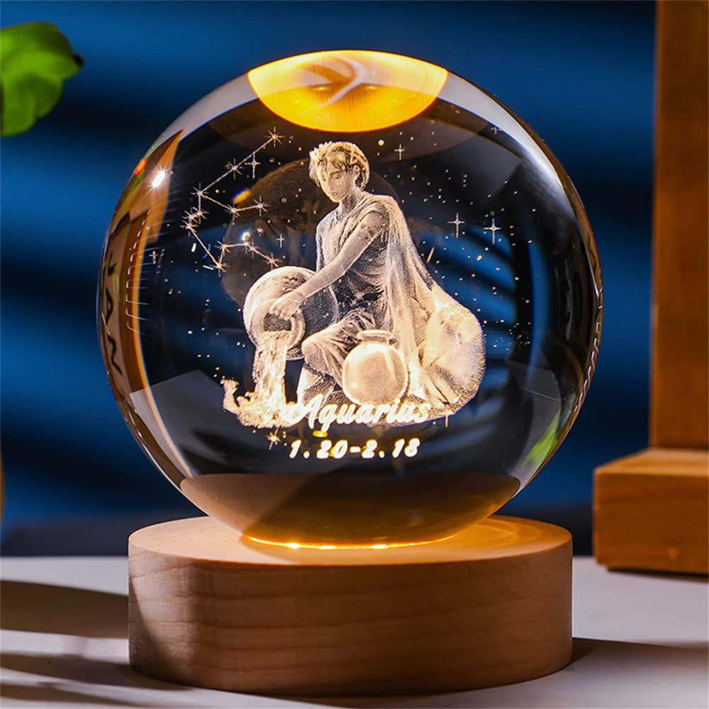 Laser Engraved Zodiac Sign Crystal Ball Miniature 3D Crystal Craft Decoration Glass Sphere Home Decoration Accessories Gift (Leo, 3.15 Inches)