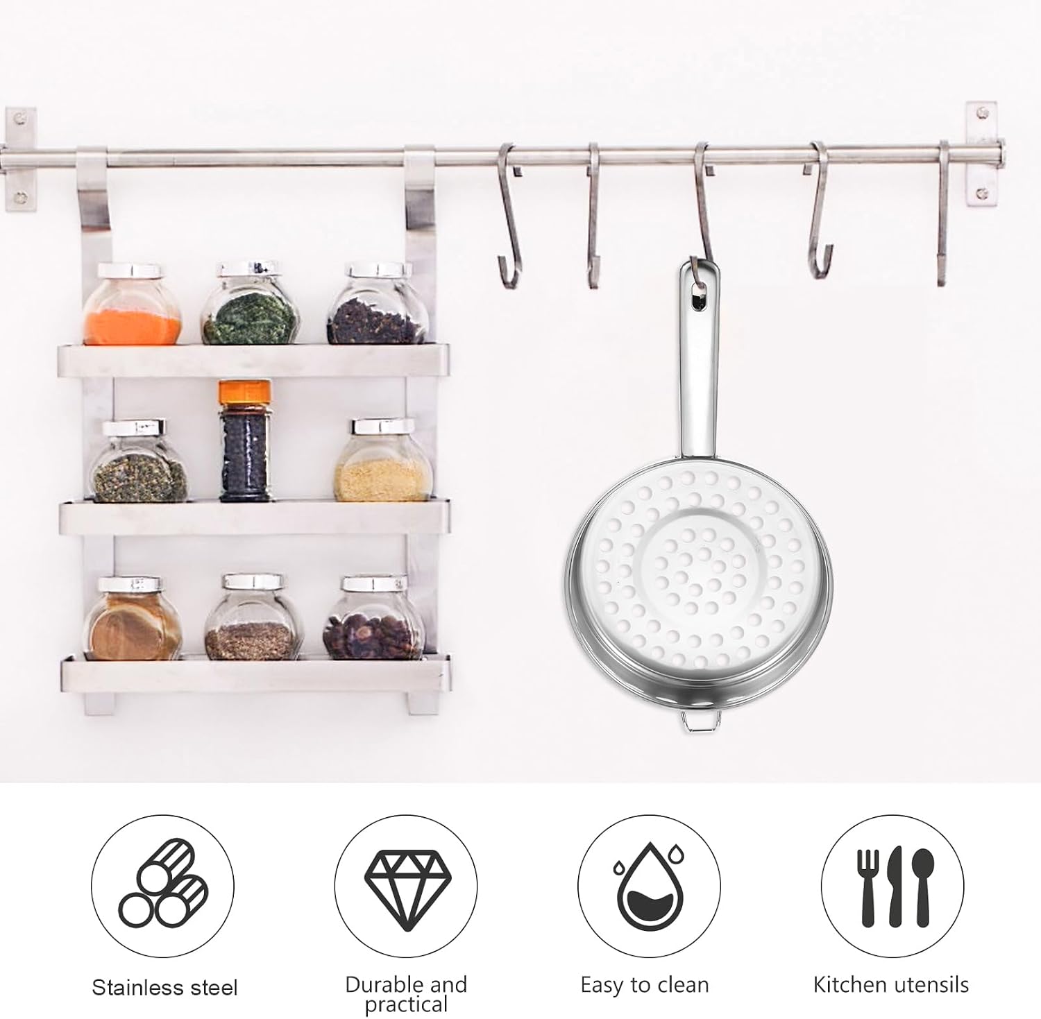 Hemoton Stainless Steel Flat Bottom Strainer with Large Holes 14.56 Inch Colander Spoon for Draining Pasta Washing Vegetables and Fruits Cooking Hot Pot and Dumplings