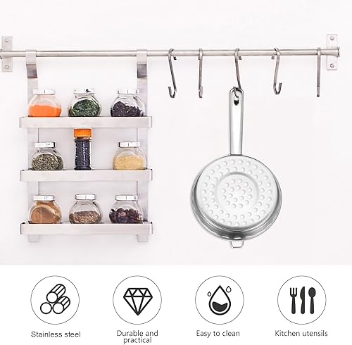 Miniatura 5 de Hemoton Colador de acero inoxidable con malla de agujero grande y mango largo colador de fondo plano para drenar pasta, lavar frutas y verduras,