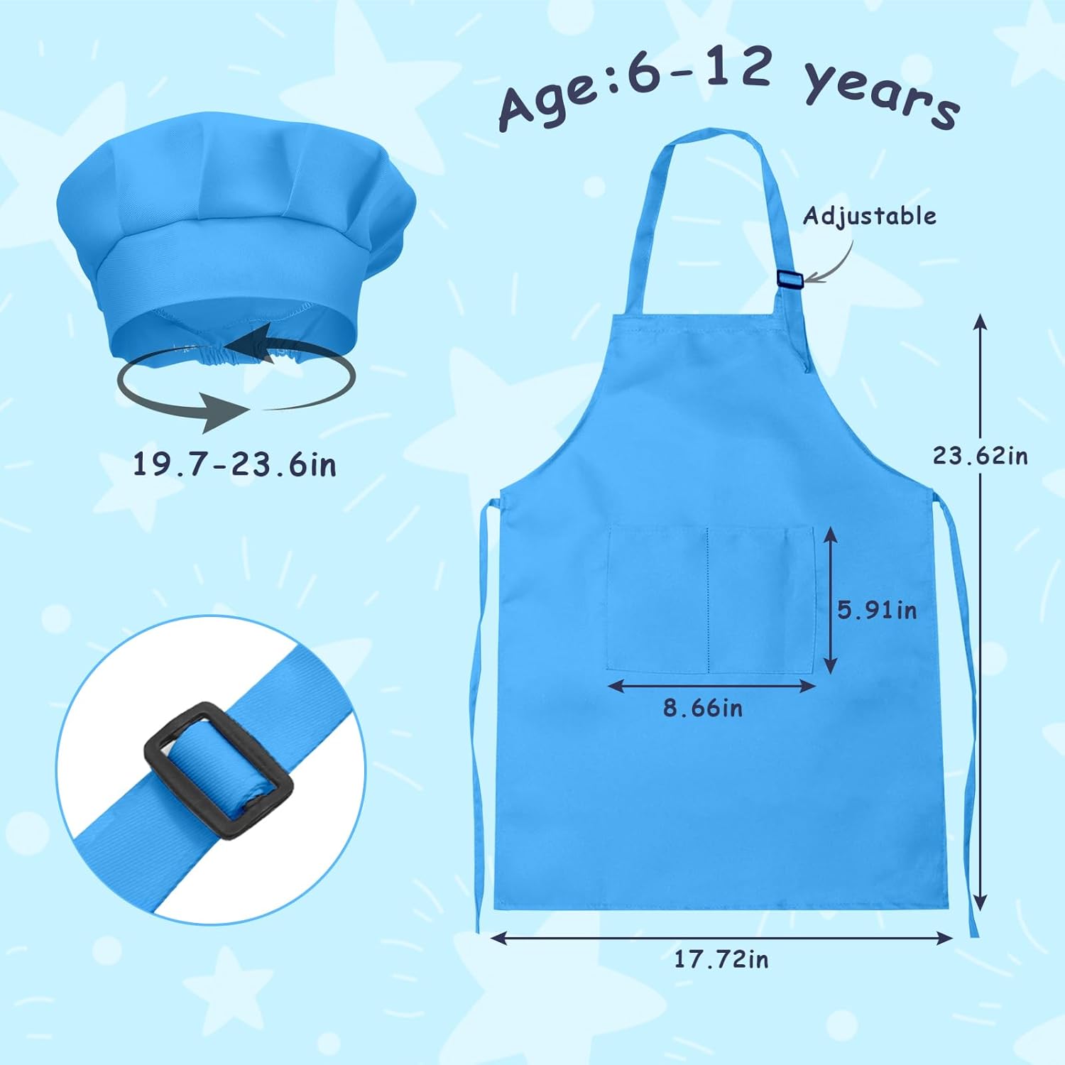 Kids Apron and Chef Hat Set, 54 Pieces Boys Girls Kids Apron with 2 Pockets Adjustable for Cooking Classroom Baking Painting, 6-13 Years, Bright Color