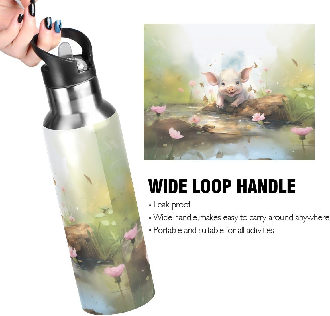 Bolaz Insulated Water Bottle with Straw Stainless Steel Metal Bottles Pig Cute 2 Sports Gym Leakproof 20 oz for Women - Image 4