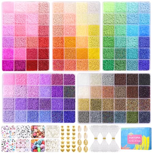Funtopia 120 Colors 2mm Seed Beads for Jewelry Making 49000 pcs Tiny Glass Beads for Bracelets Friendship Bracelet Kit with Alphabet Letter Beads Smile Face Beads for DIY Art and Craft