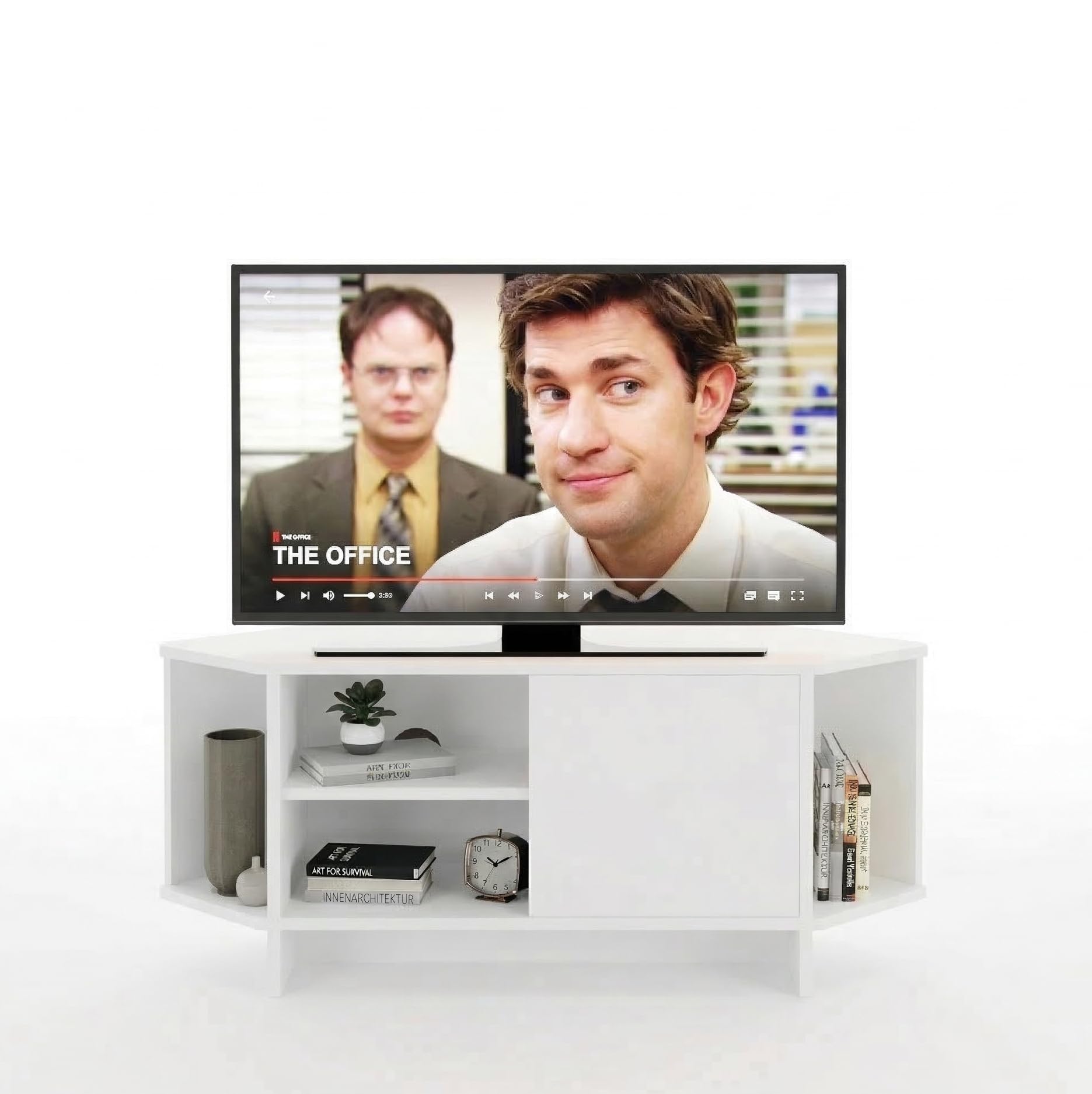 Bimossa Teo Corner TV Stand – Space-Saving TV Unit for 43–48'' TVs, Compact Media Console with Open Shelves & Cabinet, Ready to Assemble, Available in 5 Colours (White)