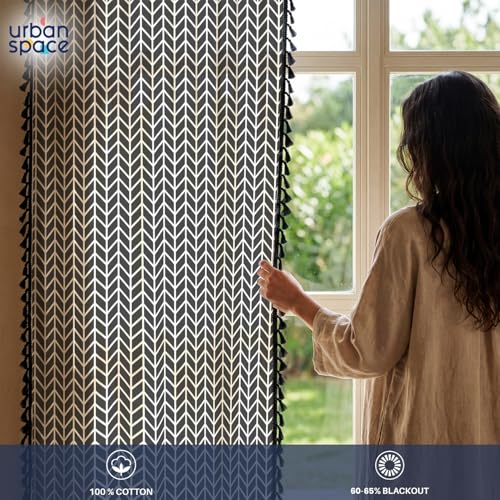 Image of Urban Space Boho Decorative Curtains for Window, 100% Cotton Curtain 5 Feet Long, Set of 1 Curtains with Tassels, 60-65% Room Darkening Curtain with Tieback and Eyelets (Herringbone Grey, 5 Feet)