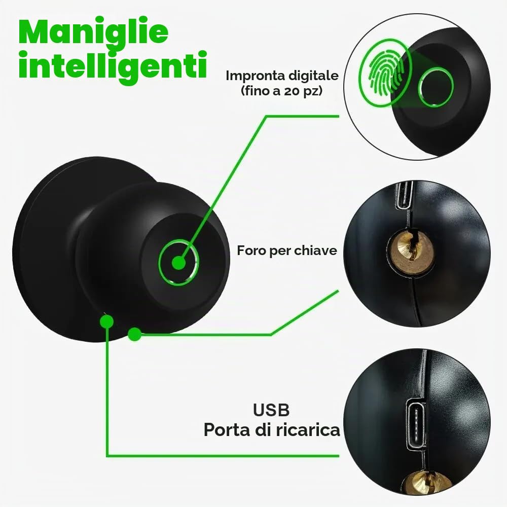 Smart Door Knob, serratura elettronica, pulsante per porta con controllo app, serratura biometrica, per camera da letto, appartamenti, uffici, hotel