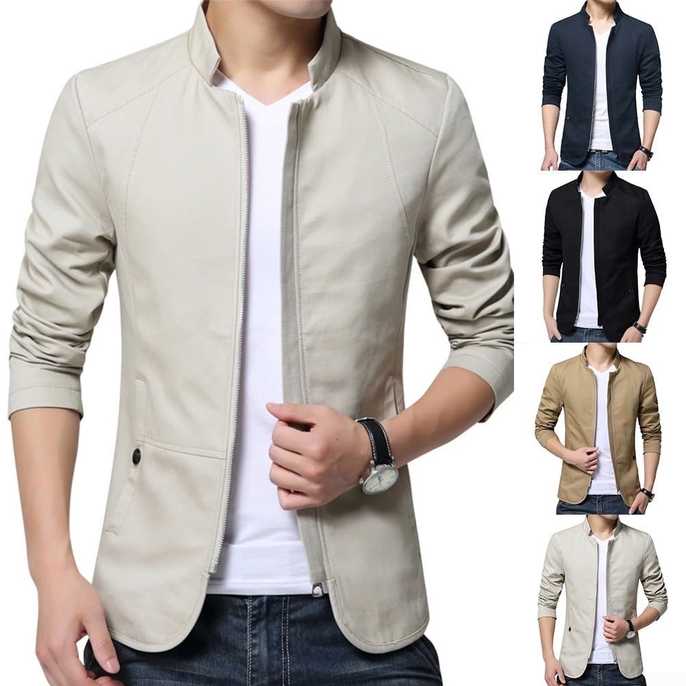 Chaqueta de traje formal con cremallera para negocios, con cuello, chaqueta casual para hombre (talla L, azul marino)