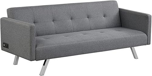 Convertible Futon Sofa Bed Folding Recliner with USB & Power Strip with 3 Seat (Color E)