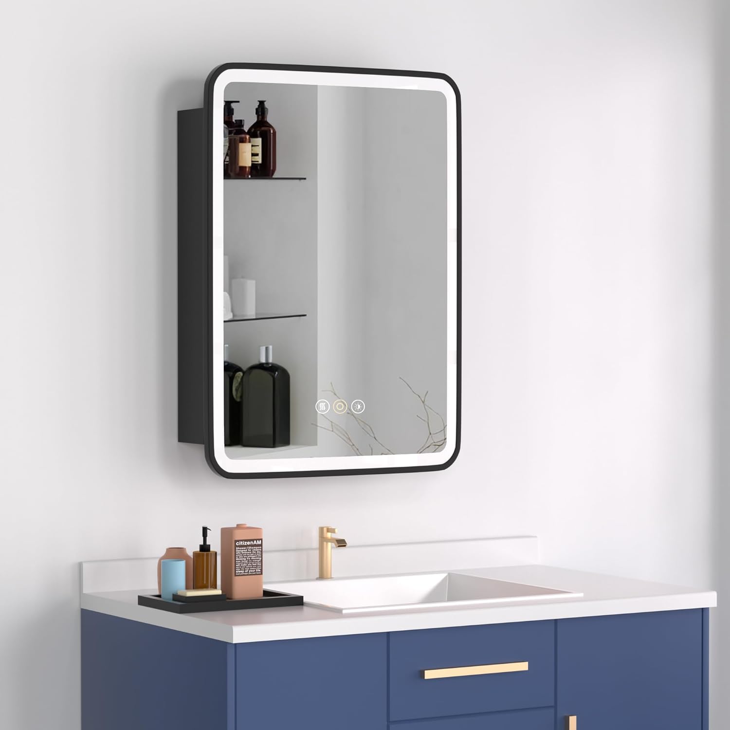 Medicine Cabinet with LED Lights and Mirror, 16W x 28H Inch Wall or Recessed Mounted Bathroom Cabinet with Right Hinge, Storage Shelf, Defogger, Memory Function, 3-Color Mode, Dimmer, Black Black 16x28 Right Hinge