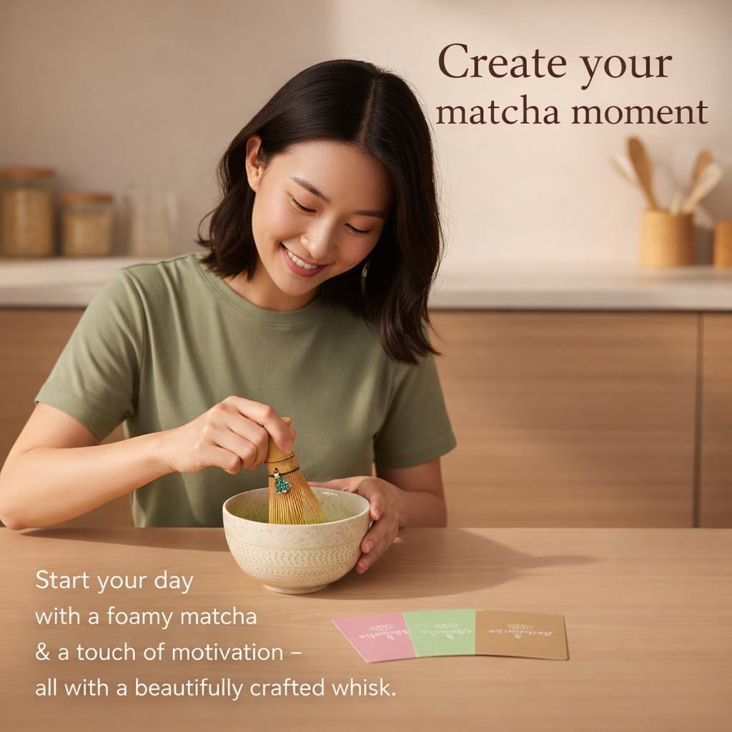 Bamboo Matcha Whisk with Evergreen Pine Charm & Affirmation Cards – Signature Ritual Edition Japanese Chasen for Ceremonial Matcha
