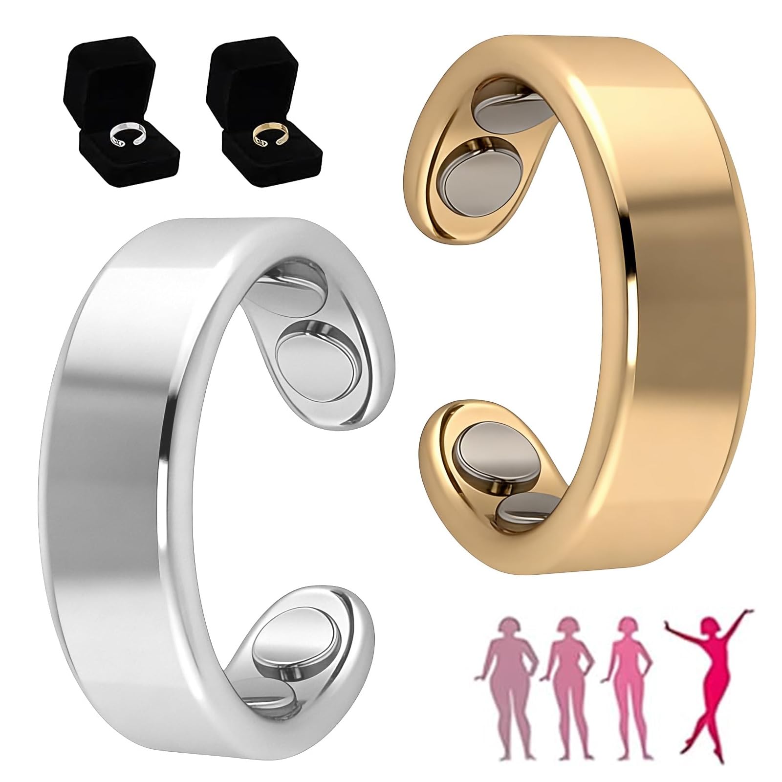 xinrongda 2pcs Ring Damen Wechseljahre, Wechseljahre Magnetring, Antistress Ring, Fitnessring für Damen, VitalRing Zur Angstreduktion & besseren Schlafen, Geschenk für Frauen(Gold,Silber)