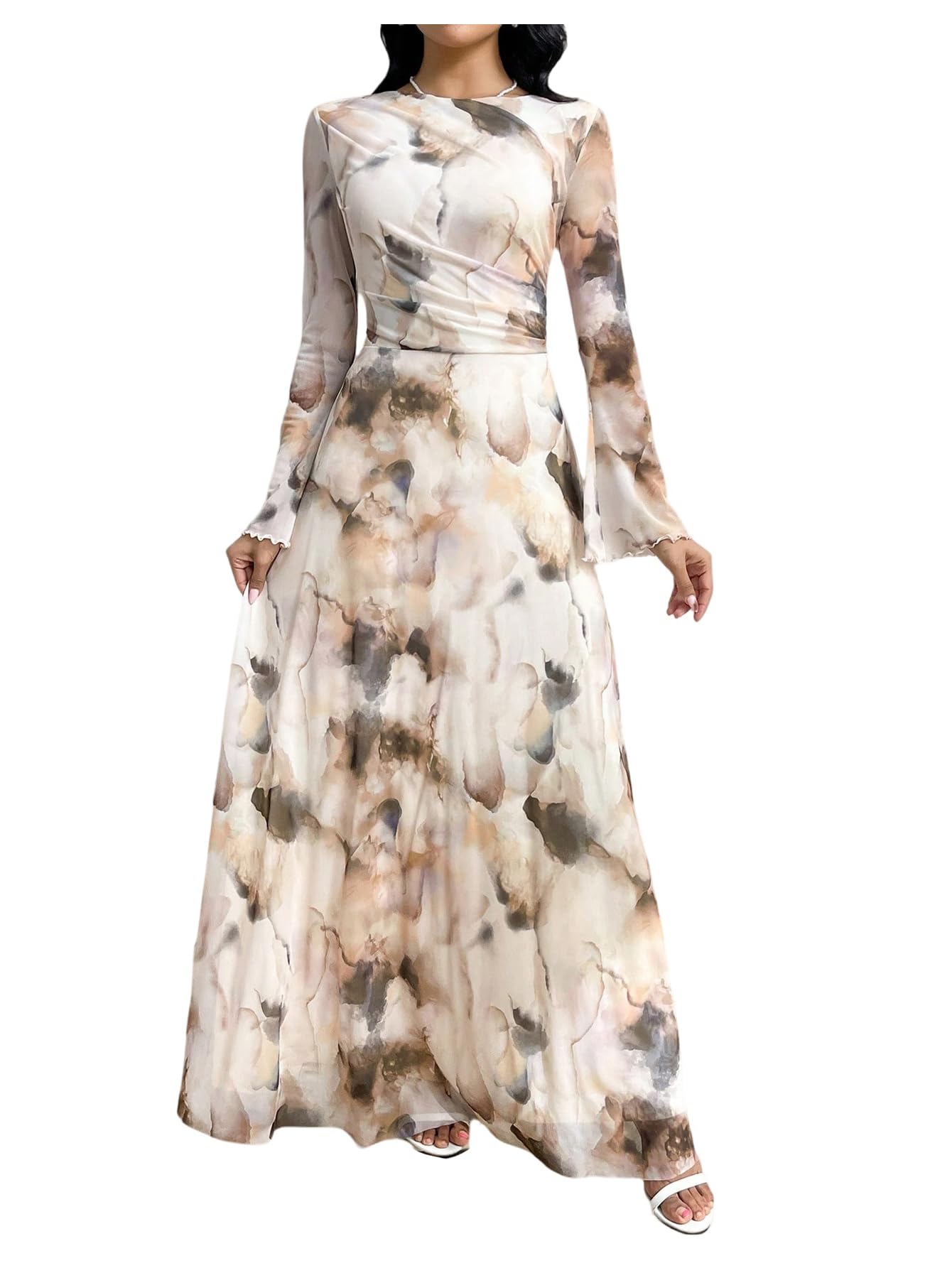 Floerns Women's Long Sleeve Dress Tie Dye Ruched Bell Sleeve Flowy Maxi Dress