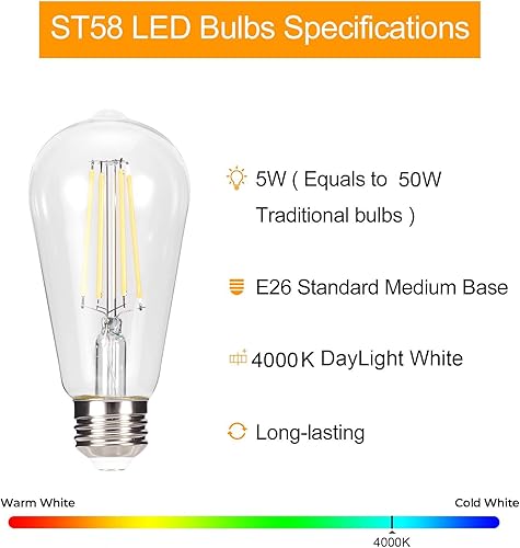 Miniatura 2 de truestory Bombillas LED Edison vintage regulables, 5 W, equivalente a 50 W, 450 lm, luz blanca diurna 4000 K, bombillas de filamento LED ST19