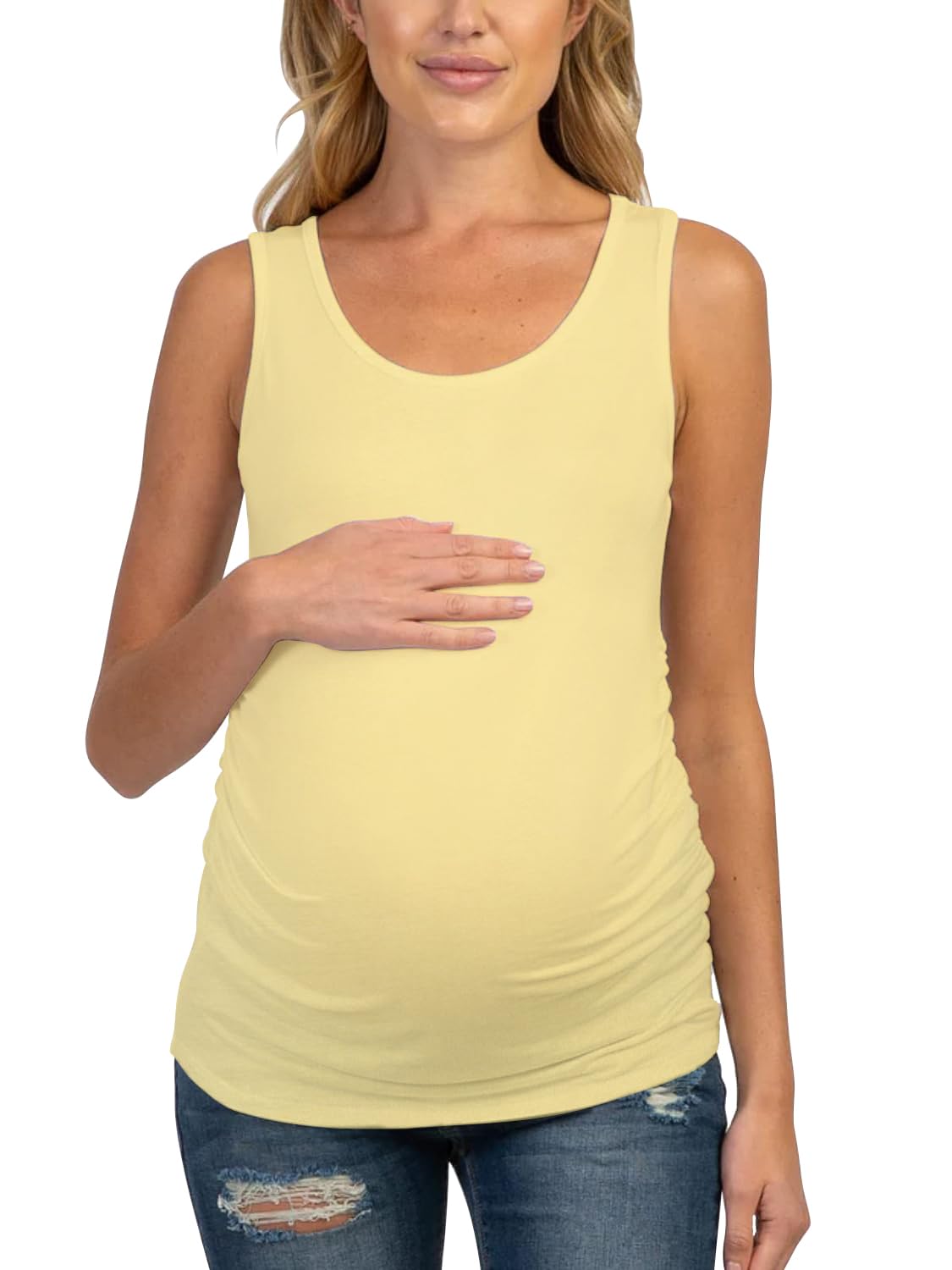 Pregnancy Stretchable Cotton Sleeveless Basic Maternity Tank Top for Pregnant Women Yoga Athletic Vest with Ruched Side for Baby Bump-image-14