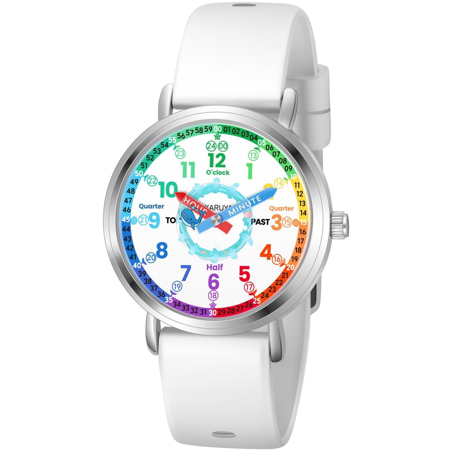 Reloj analógico para niños, reloj de aprendizaje para niños de 8 a 12 años, color azul, bonita ballena, impermeable, para niños de 5 a 7 a 6 a 8 años, correa blanca