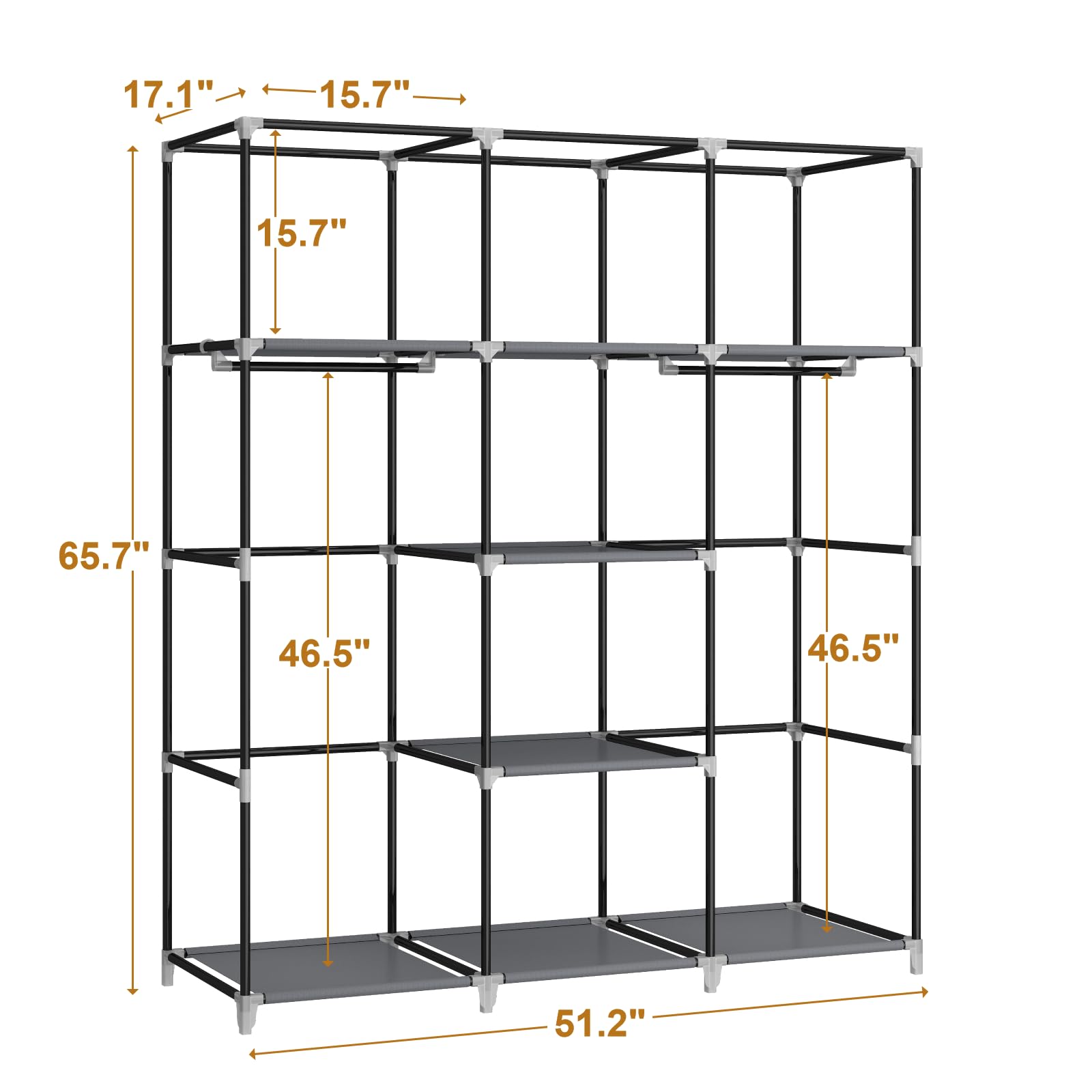MOGELAFOO Przenośna szafa, organizer do przechowywania ubrań z pokrowcem z włókniny, 2 regulowanymi drążkami do zawieszania i 8 półkami, szer. 130 cm x 45 cm gł. x 168 cm wys., szara