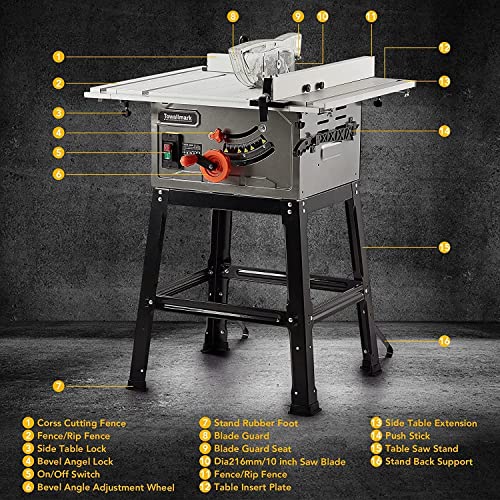 Table Saw, Towallmark 10 Inch 15A Multifunctional Saw With Stand & Push Stick, 90° Cross Cut & 0-45° Bevel Cut, 5000Rpm, Adjustable Blade Height For Woodworking #TOP1