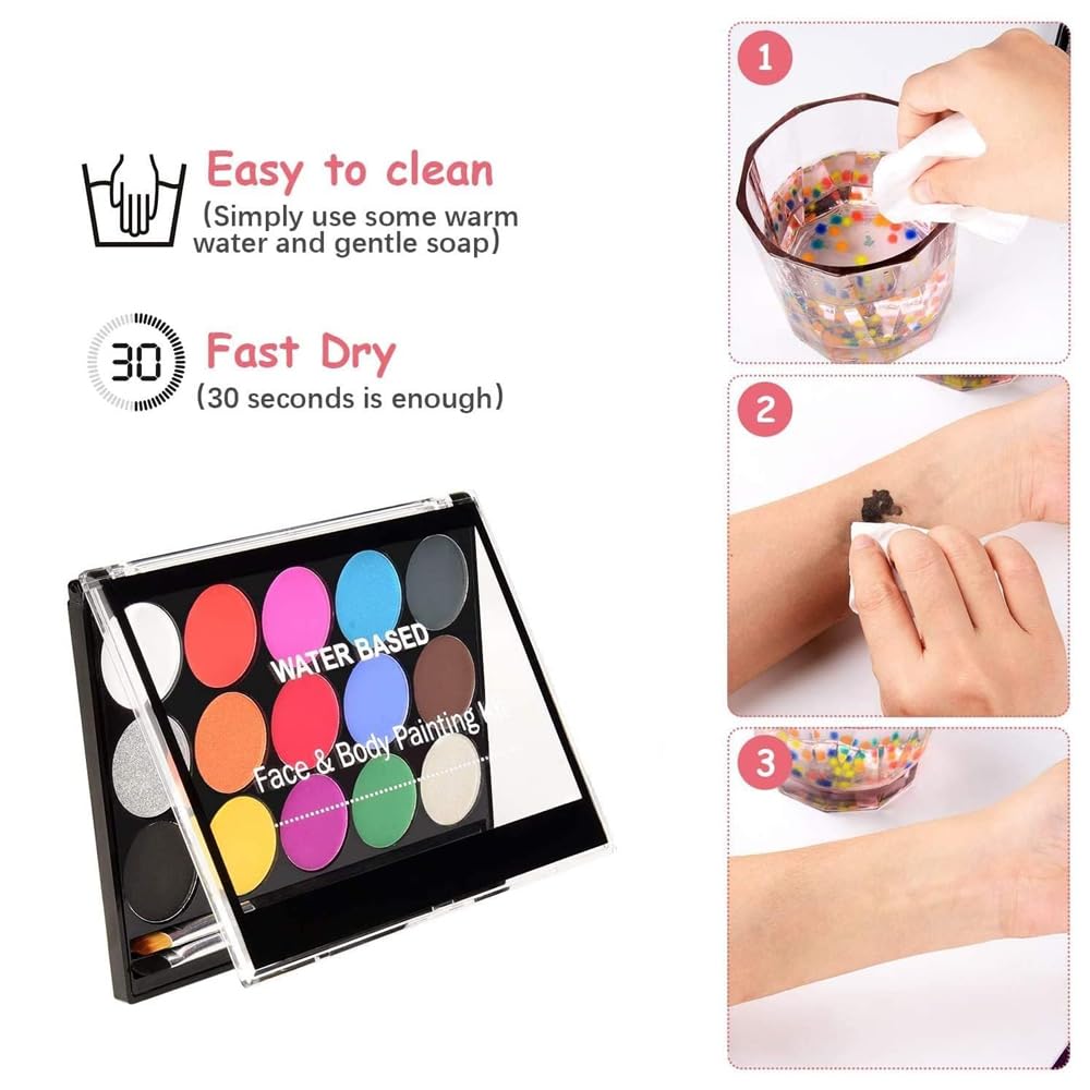 AMERTEER Face Paint Kit for Kids & Adults, 15 Safe, Non-Toxic, Washable Colors, Professional Palette for Halloween, Party, Holiday Makeup & Body Painting, Includes 2 Brushes