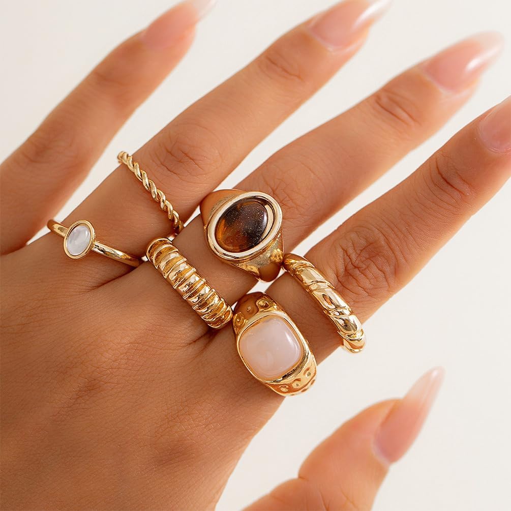 6Pcs Dainty Crystal Gold Rings Stackable for Women Non Tarnish, Statement Chunky Finger Knuckle Ring Set Unique Trendy Party Jewelry Gifts Accessories - Image 3