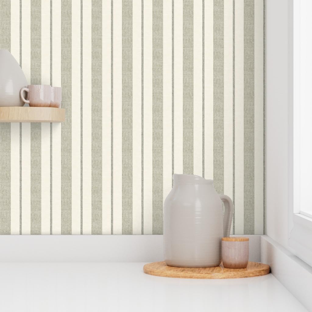 Spoonflower Peel & Stick Wallpaper 3ft x 2ft - Ticking Stripes Classic Striped Vertical Farmhouse Transitional Neutral Cream Green Custom Removable Wallpaper