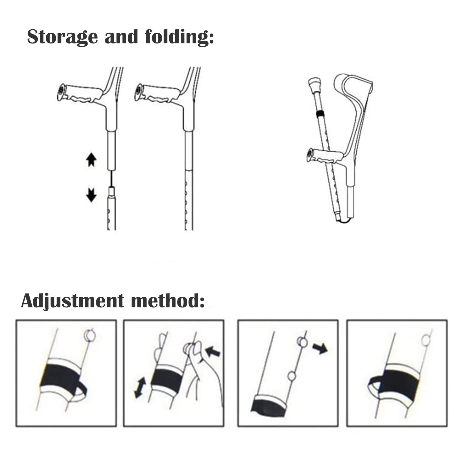 Muletas de antebrazo para adultos, ergonómicas, ajustables, resistentes, antideslizantes, con puños abiertos, muletas ligeras y plegables de aleación de aluminio, color negro, rosa y azul, 2 unidades