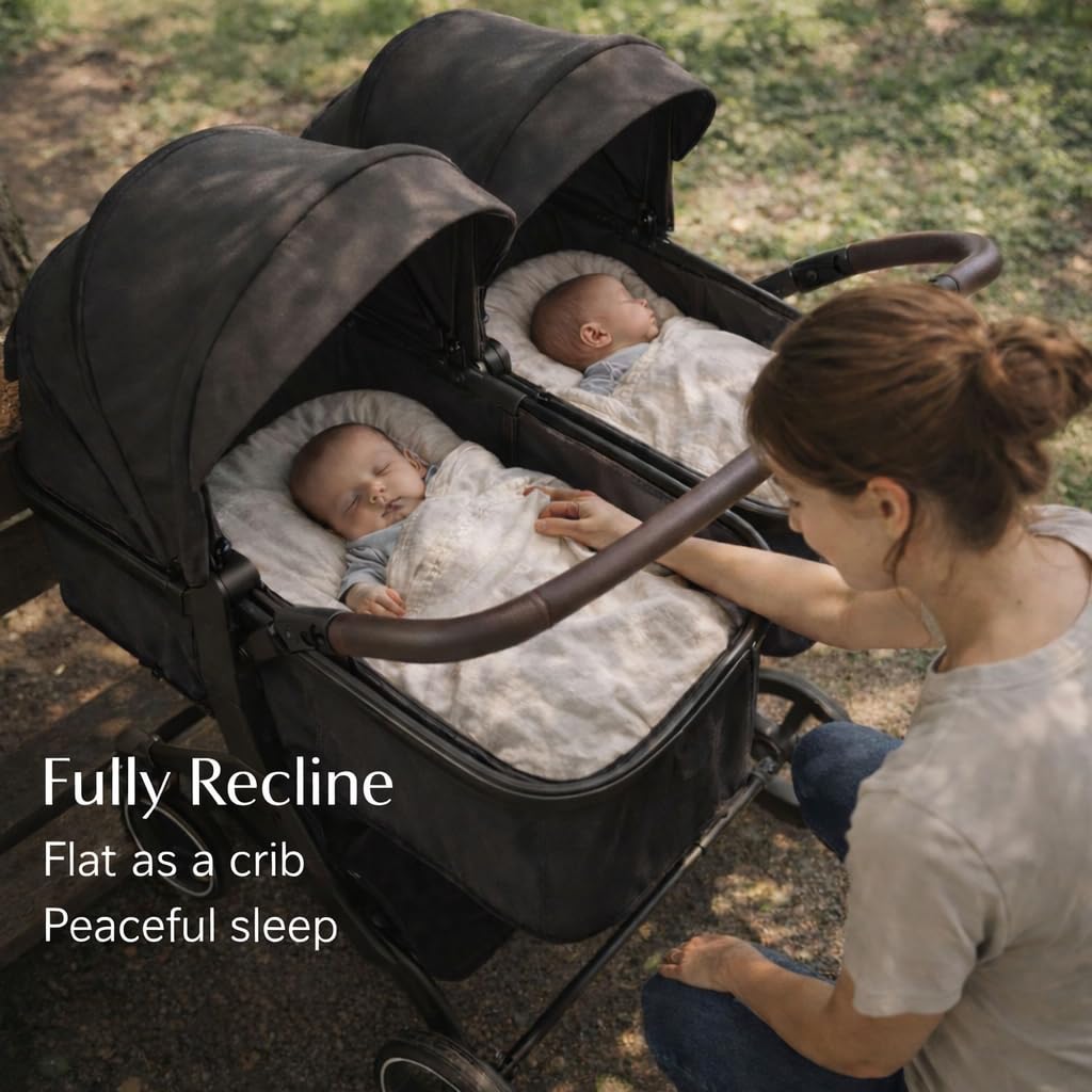 Double Stroller for Infant and Toddler, Lightweight Side by Side Twin Baby Stroller, 26.8" Slim Design Fits Doors, Compact Foldable Travel Stroller, Independent Recline, Black - 3