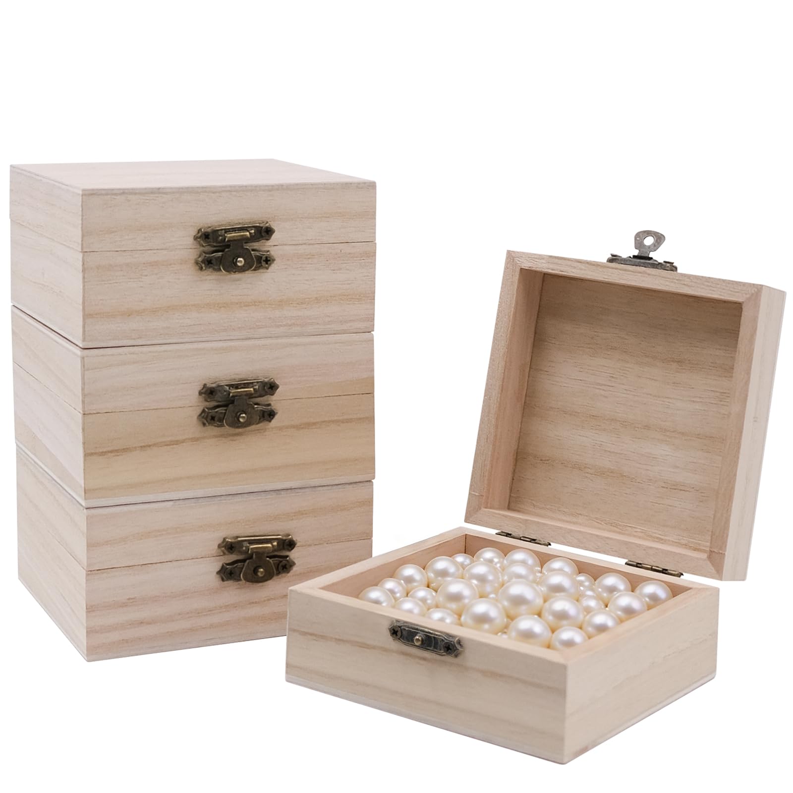 inheming 4Pcs Small Unfinished Wooden Box, Small Blank Craft Box Treasure Chest,10ร10ร5cm, Mini Wooden Boxes for Craft for DIY Painting Arts