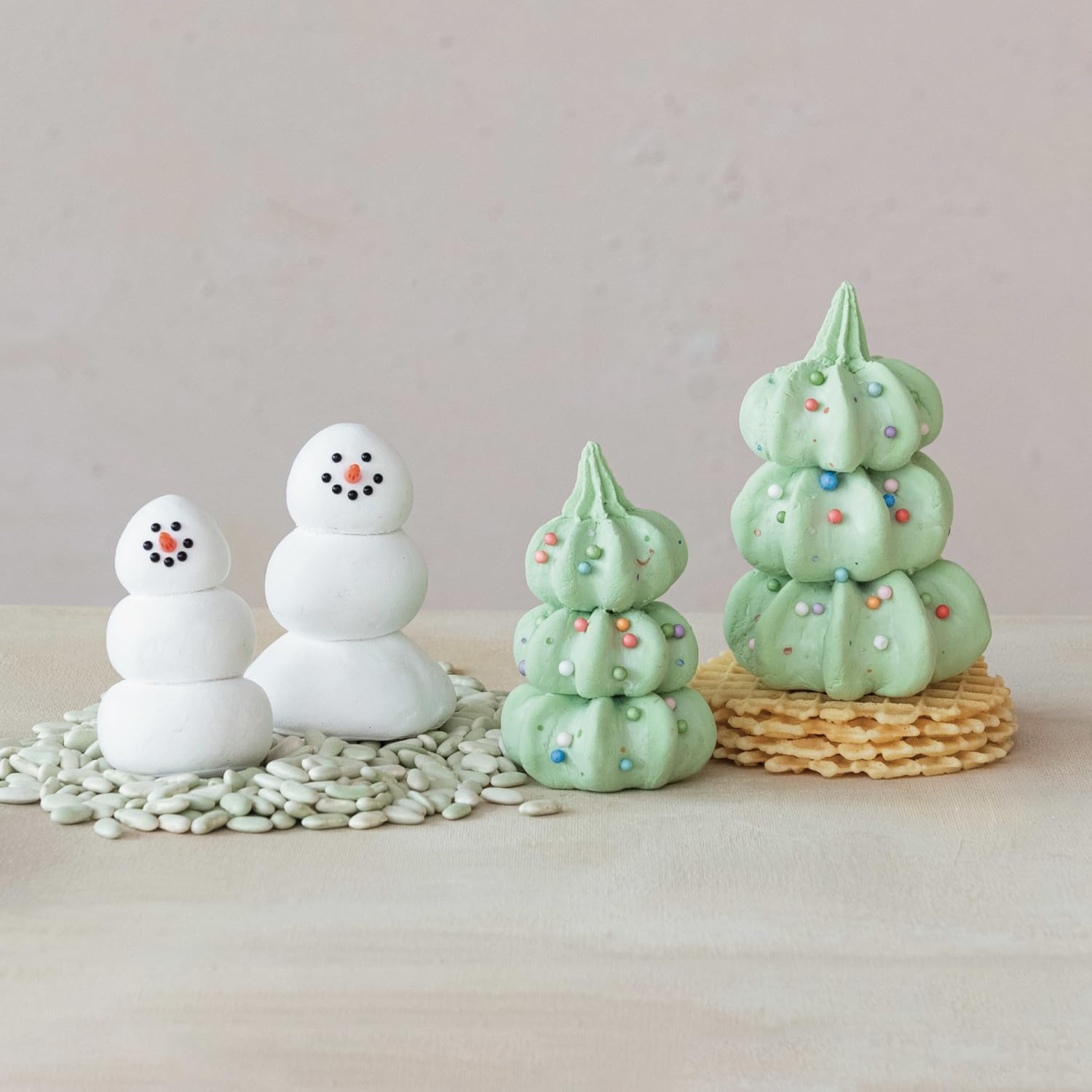 One Holiday Way Set of 4 Mini (3" - 5") Pastel Clay Dough Snowman and Christmas Tree Figurines w/Foam Bead Ornaments – Xmas Tabletop Decor Shelf Sitter Mantel Decorations