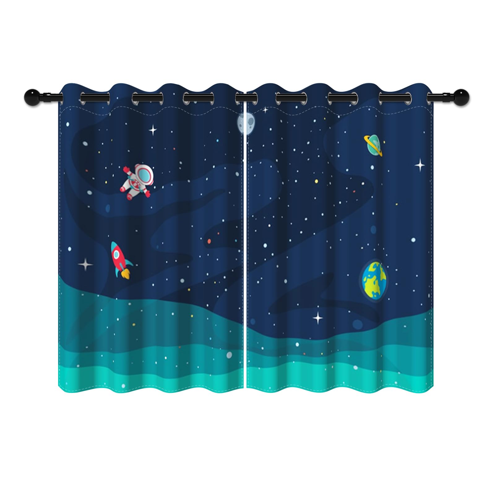 YONGFOTO Vorhang Weltraum Kinderzimmer Universum Galaxie Rakete Planeten Astronaut Weltall Verdunklungsvorhänge Kinderzimmer Junge mit Ösen Marineblau 2 Stück 132 x 214 cm