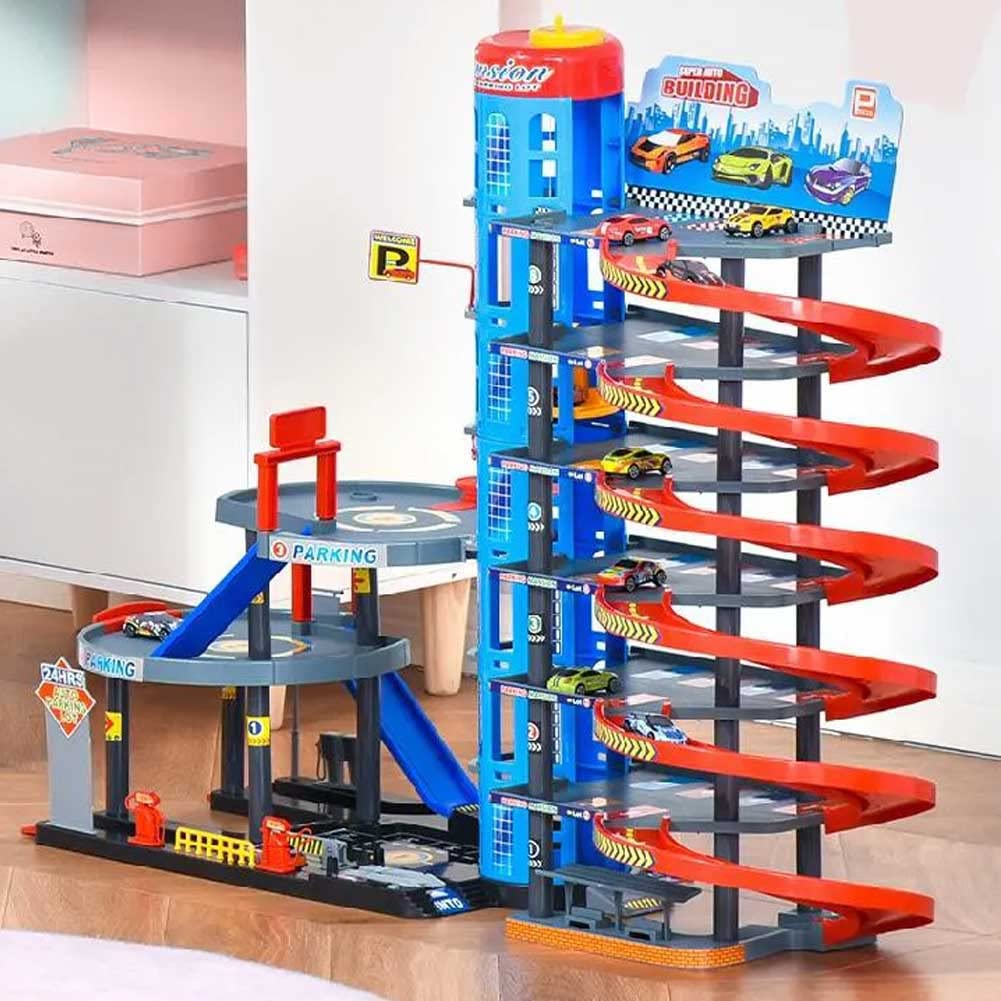 Bakaji Garaje gigante juguete para niños con 6 pisos, rampas de tobogán ascensor Pitstop y lavado de automóviles incluidos 10 coches + helicóptero tamaño 92 x 46 x 71 cm
