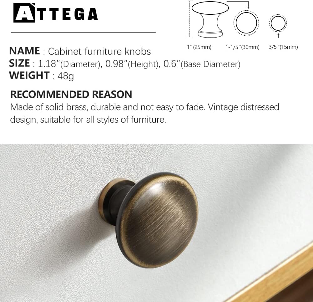 Antique Bronze Solid Brass Knobs for Cabinet 2 Pack Mid Centry Vintage Dresser Drawer Knobs 1-1/5" Diameter with 4 Screws