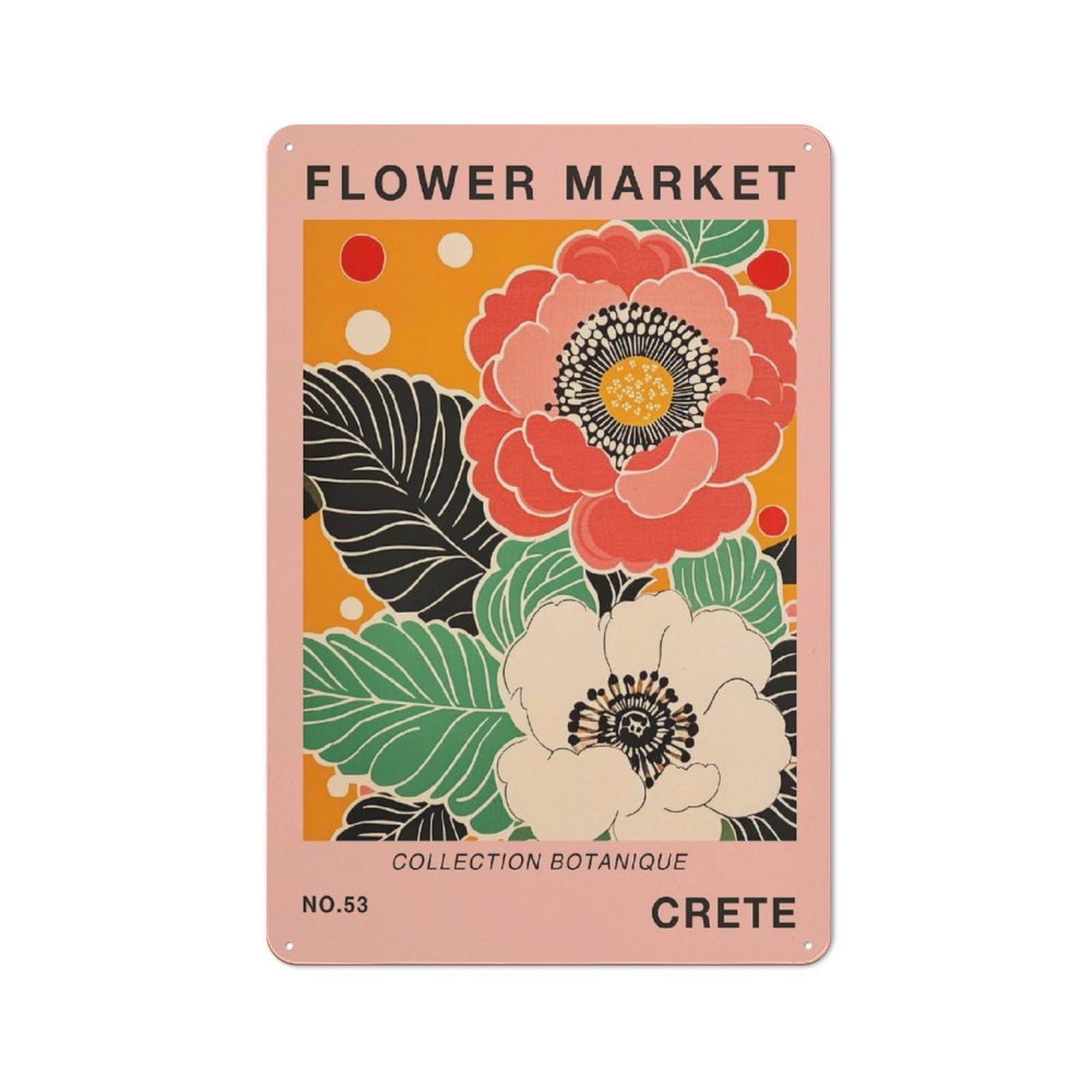 Junmoney Style-23 Industrial Metal Sign With Crete Flower Market Botanical Travel Art Print Design 30X20cm, Modern Retro Loft Wall Plaque For Workspace, Cafe, Hallway Or Garage