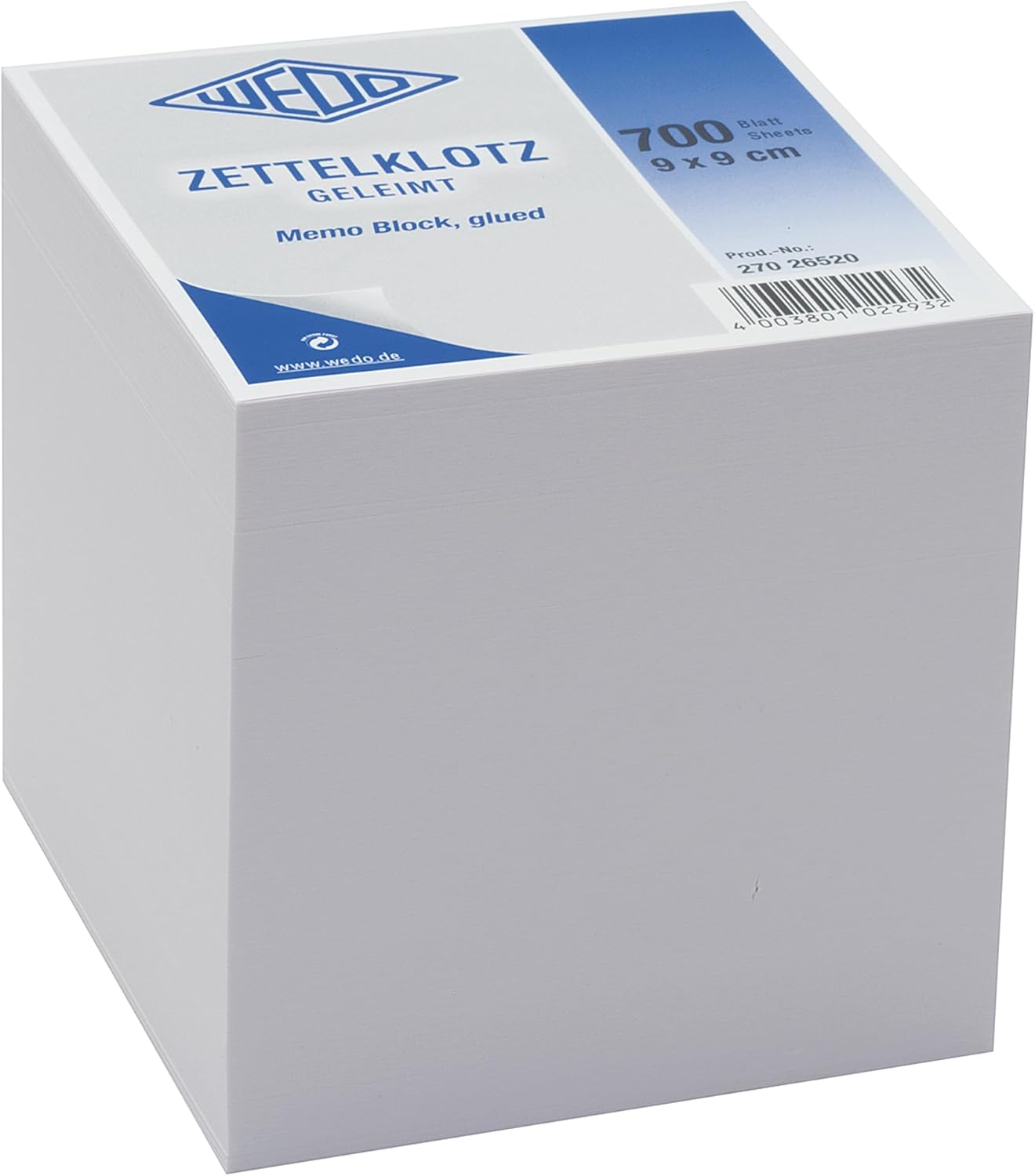 Wedo 27026520 Memo-Memo Pad Glued, Wood-Free, 9 x 9 CM 700 White Sheets